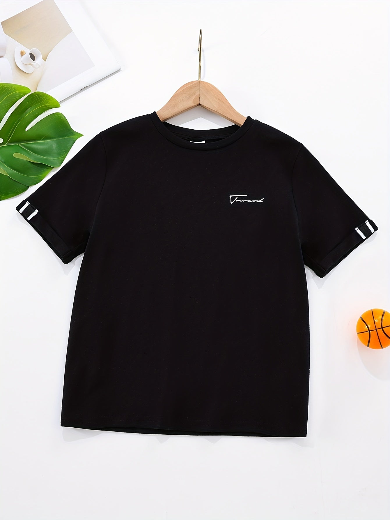 2 boys' summer short sleeve t-shirts in black and white with "for THINK" print. Lightweight, fashionable blend with stretch. Machine washable. Suitable for casual wear.