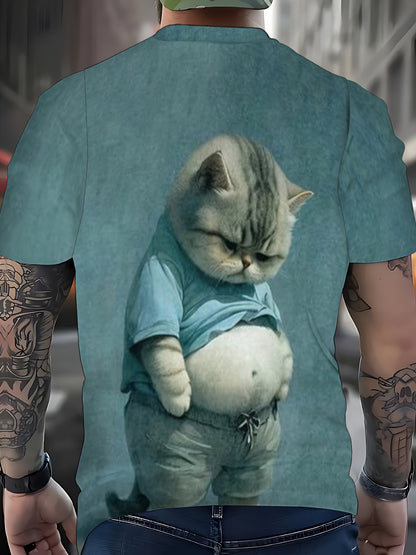 Men's Novelty 3D Cat Print T-Shirt, Polyester Crew Neck Short Sleeve Tee.