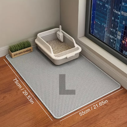 Large cat litter mat made of EVA material prevents spills and leaks, containing litter. Non-slip, washable, waterproof, and odor-resistant. Ideal for litter boxes and protecting pet items.