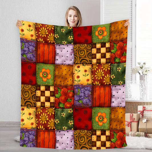 Vintage Floral Print Patchwork Fleece Throw Blanket - Cozy, Soft, Stain-Resistant, All-Season Decorative Blanket for Sofa, Office, Bedroom. Machine Washable, Tear-Resistant, Perfect for Travel & Gifting.