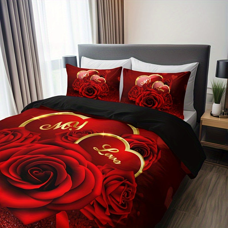 Set the mood for romance with this 3-piece Romantic Red Rose Love Floral Letter Duvet Cover Set, including 1 duvet cover and 2 pillowcases (pillow inserts not included). Featuring Valentine's Day HD printing, this bedding set is perfect for adding a