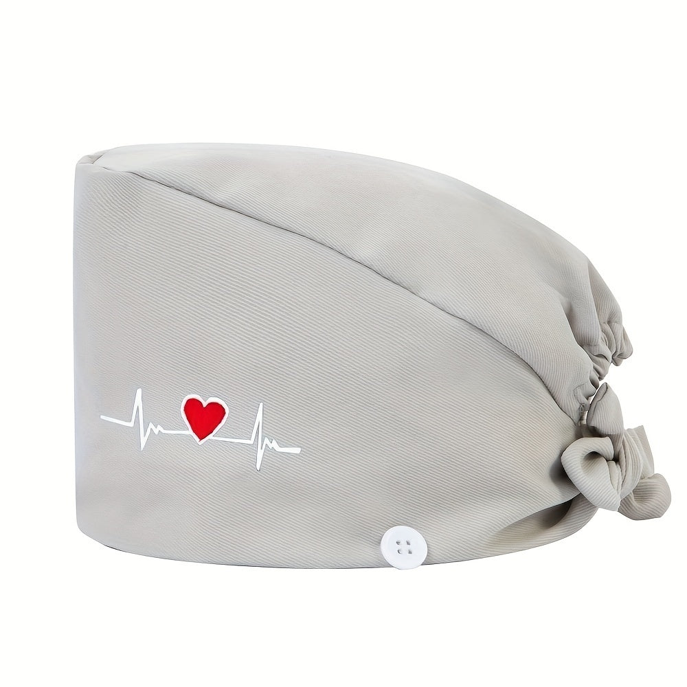 Women's embroidered heart pattern beanie cap made of 100% polyester with breathable, inelastic design. Features sweat-absorbent lining, dust-proof material, and adjustable elastic band.