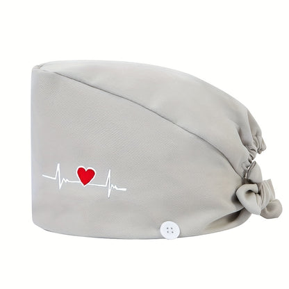 Women's embroidered heart pattern beanie cap made of 100% polyester with breathable, inelastic design. Features sweat-absorbent lining, dust-proof material, and adjustable elastic band.