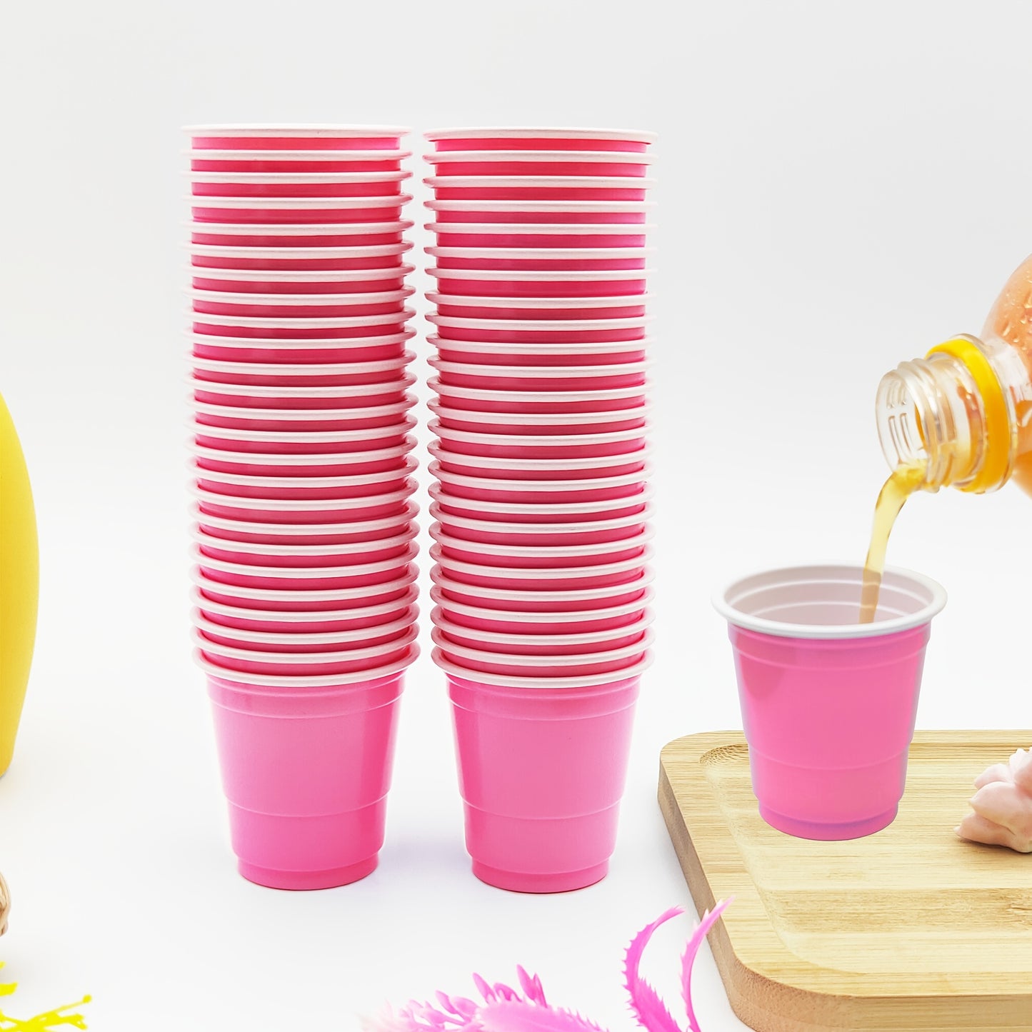 50 two-tone 2oz plastic party shot cups for various occasions like weddings, banquets, parties, and outdoor events.