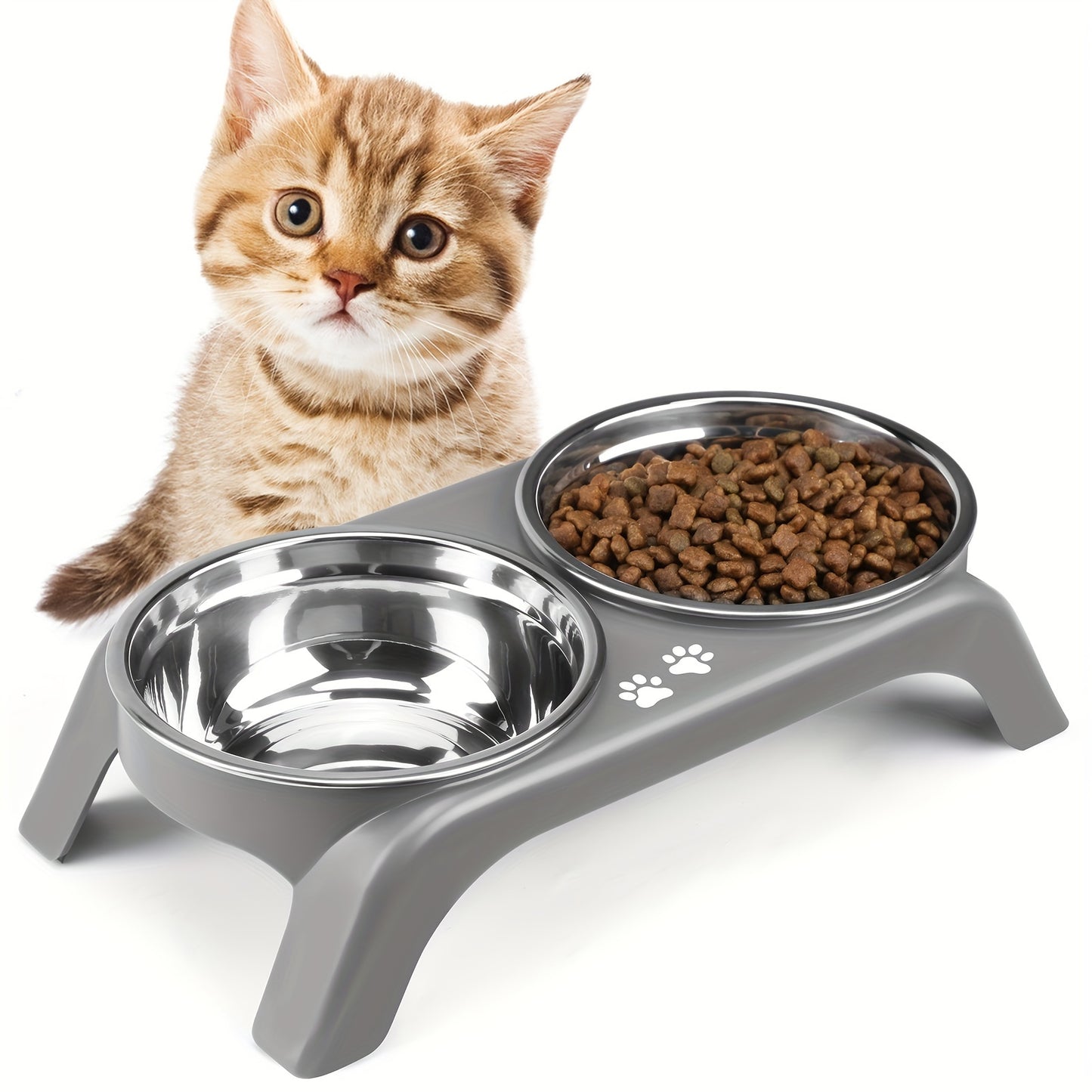 Arsali Elevated Cat Bowls with stainless steel dual bowls for food and water, designed for cats and small dogs, featuring anti-vomiting, ergonomic design with non-slip feet. Easy to clean