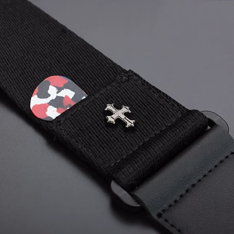 Vintage electric guitar strap with cross design and pick pocket, suitable for acoustic, folk, bass, and ukulele.