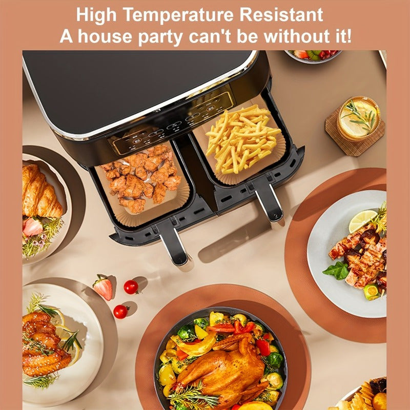 Non-stick disposable air fryer mats in a pack of 200, 100, or 50, square-shaped and oil and water-proof. Ideal for baking, grilling, and microwave use. These kitchen essentials are easy to clean.