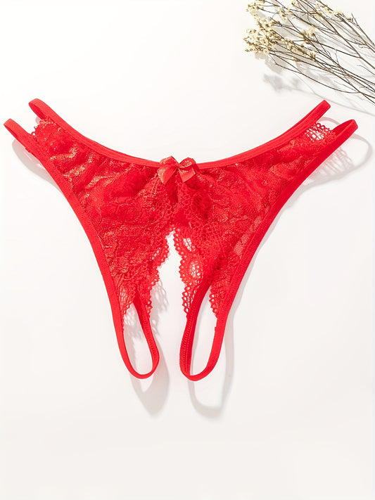 Floral lace thong with open crotch and bow detail - Women's lingerie.