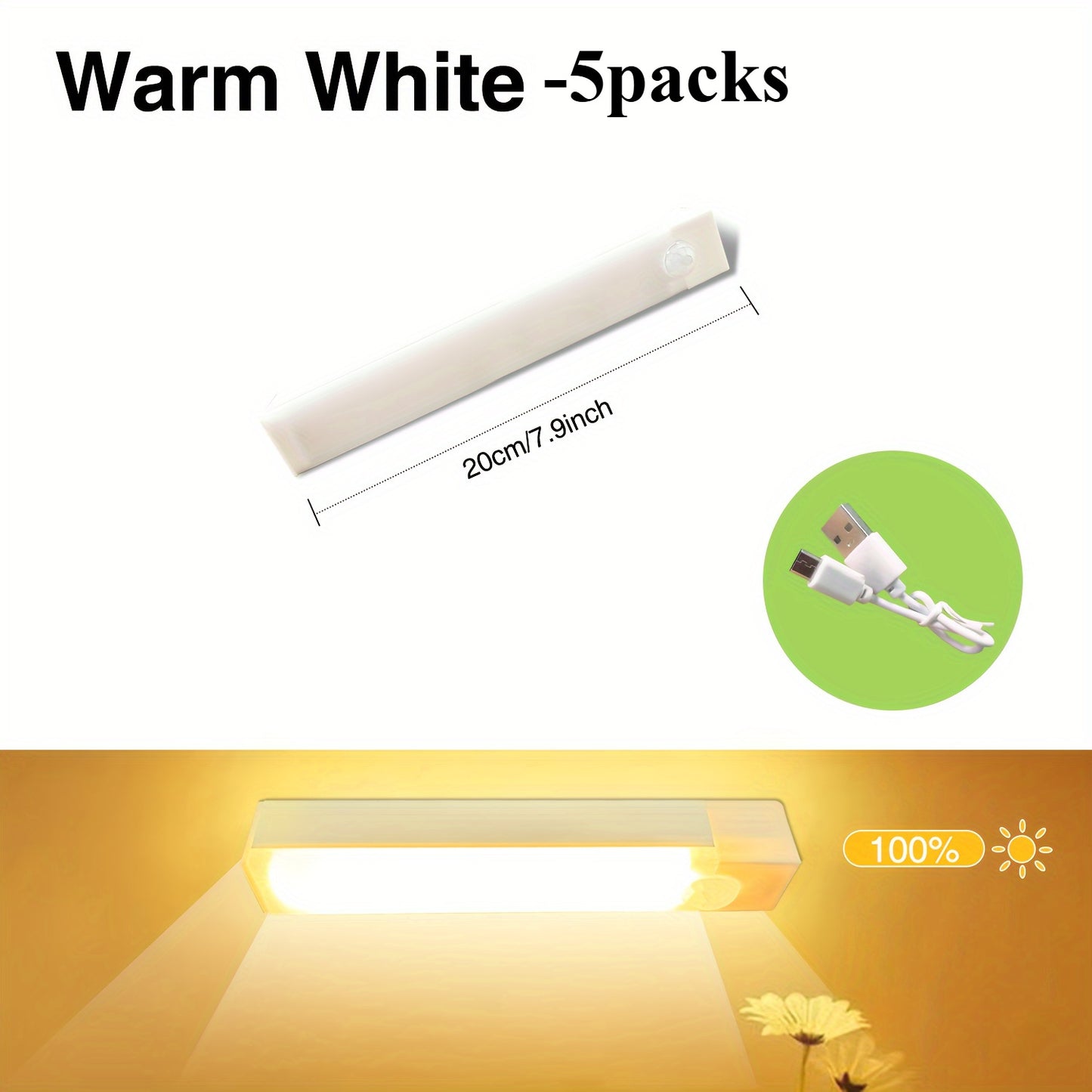 5 Pack LED motion sensor lights with USB rechargeable batteries for wireless undercounter illumination in hallways, kitchens, stairs, and wardrobes. Suitable for home decoration.