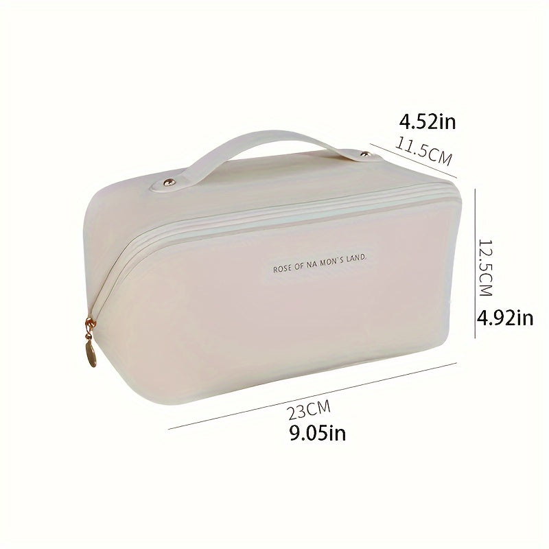 Travel toiletry bag with multiple compartments for cosmetics and accessories, zipper closure, lightweight and portable.