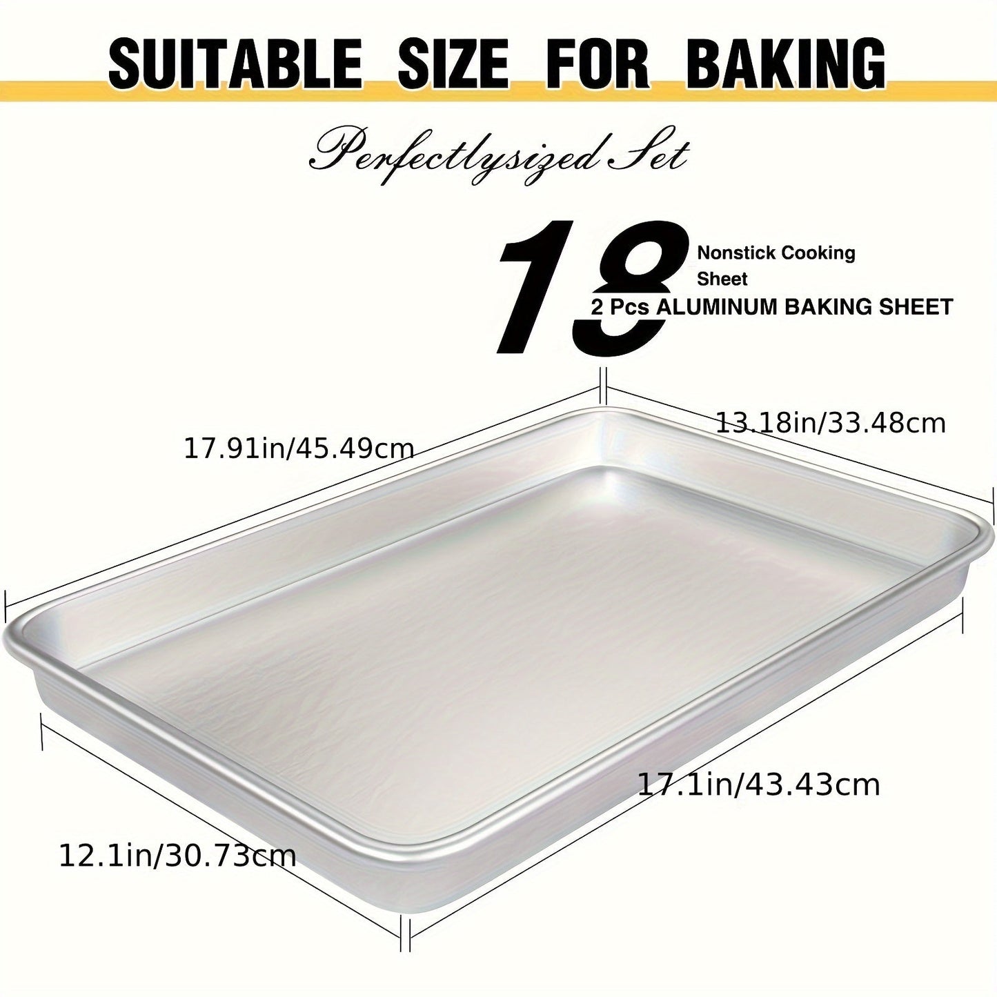 Two-pack of professional-grade baking trays made from natural aluminium, ideal for baking biscuits and other treats. These half pans are thick and deformation-resistant, with a non-stick coating for easy release. Measuring 45.72 x 33.04 cm each, these