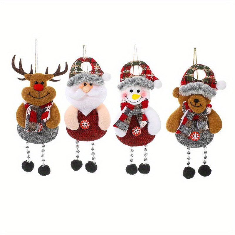 Set of 4 festive Christmas hanging pendants featuring Santa, snowman, reindeer, and bear decorations for tree and home decor. Perfect for holiday party and room decorations.