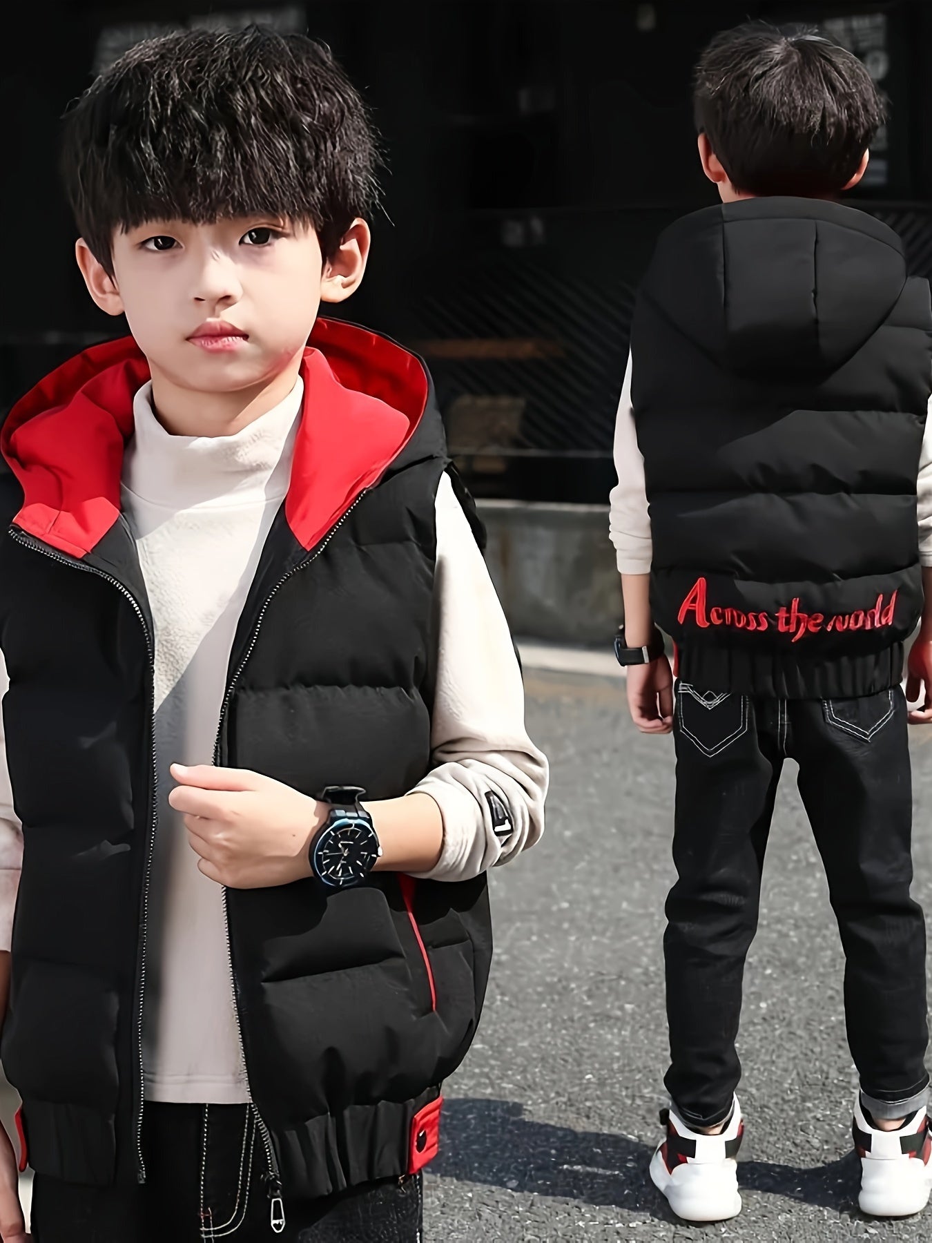 Boys' stylish hooded vest for fall/winter, featuring thick polyester material, zip-up closure, and color block design.