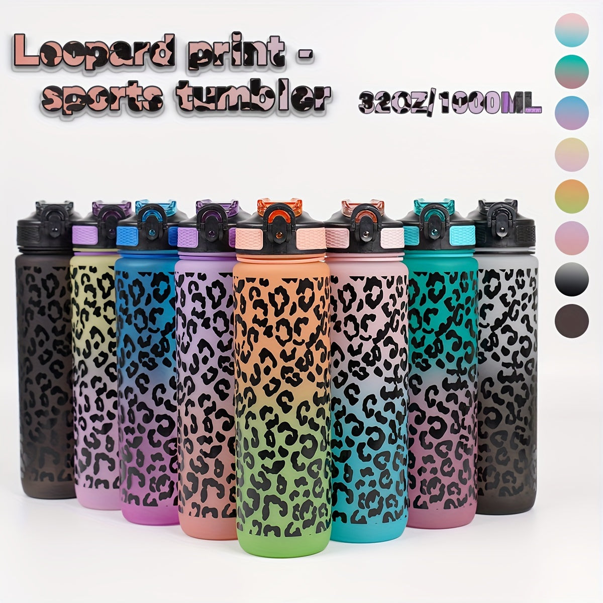 32oz Leopard Print Sports Water Bottle with Straw is PVC-Free and perfect for Running, Cycling, and Fitness. Great for Halloween, Christmas, and Easter gifts.