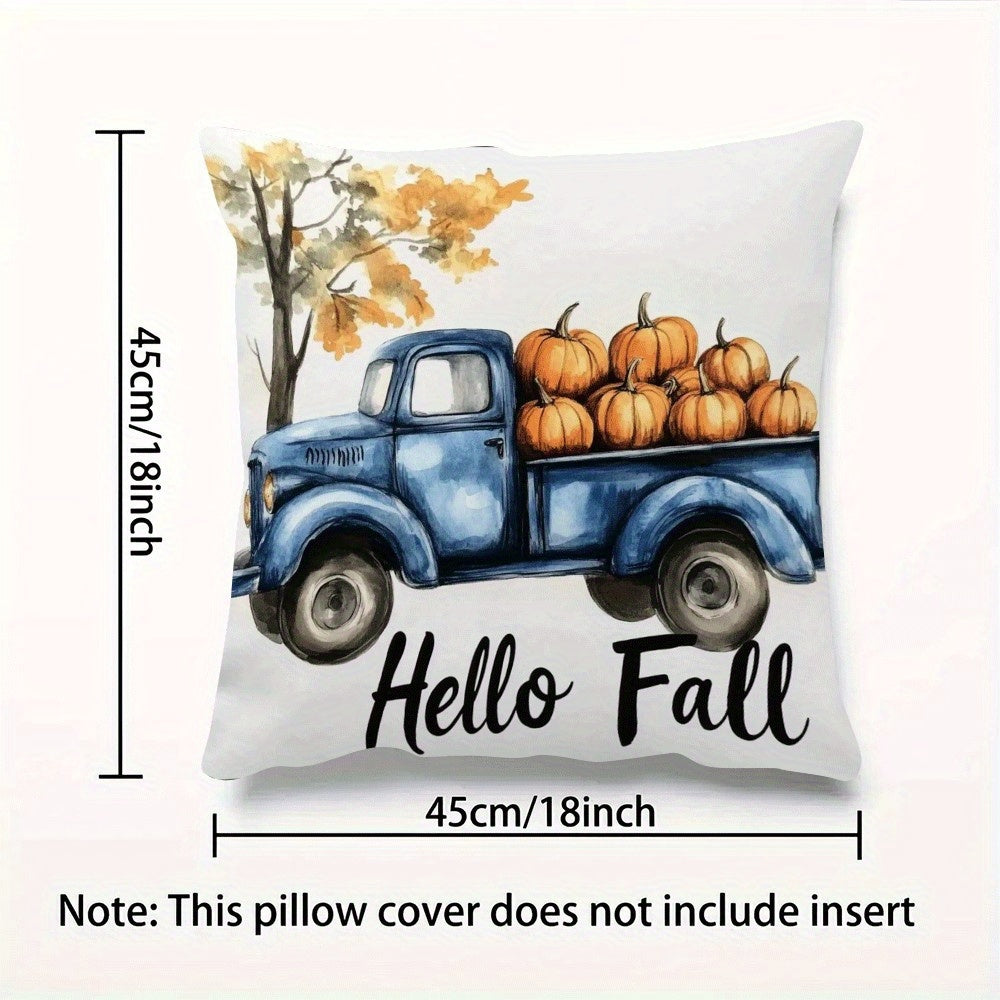 Modern Flannel Pillow Cover, 45.72X45.72 cm, Blue Truck and Pumpkin Design, Zipper Closure, Machine Washable, All-Season Comfort for Back Sleepers - Decorative Cushion Case for Home, Bedroom, Camping (1pc, Insert Not Included)