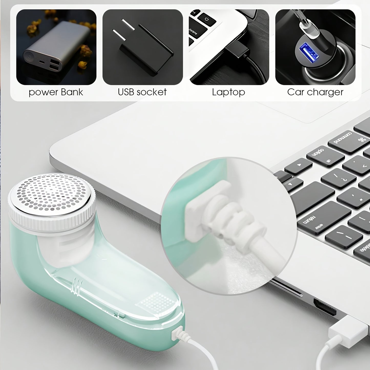 Portable fabric shaver powered by USB, ideal for clothes, bedding, and carpets. Removes lint balls and fluff effectively. Great gift for home cleaning.