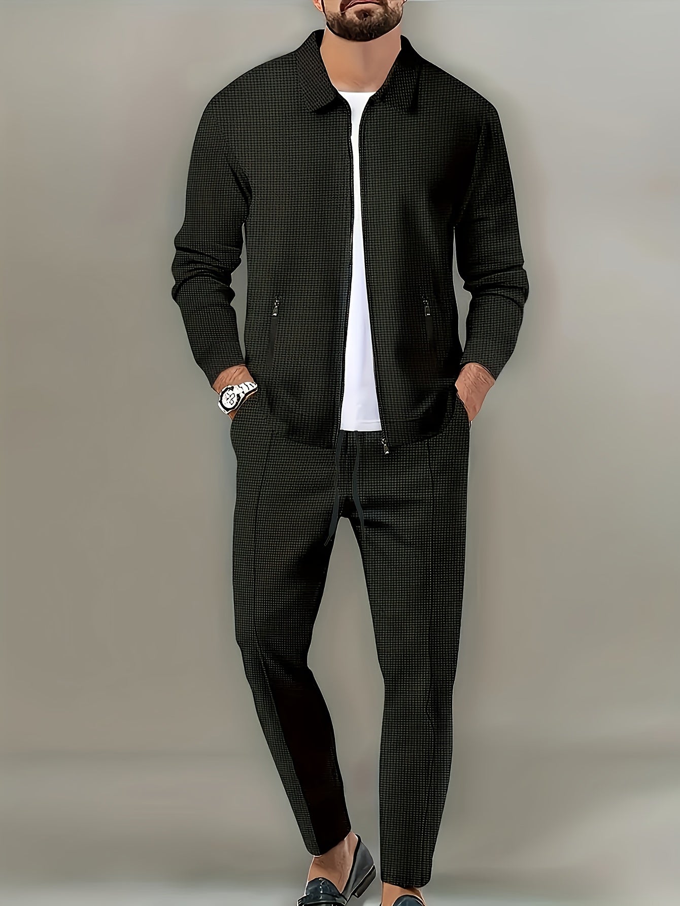 Men's Casual Sports Set with Polyester Knit Fabric, Solid Color, Regular Fit, Zip Closure, for Spring/Autumn Collection.