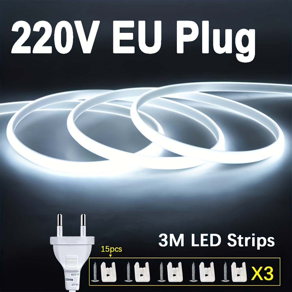 1 Pack 220V COB Flexible LED Strip with 288leds/m, 12W/M. Cuttable 1m Outdoor Garden LED Strip Light for Kitchen Bedroom, includes Free Accessories and 1.2m EU Plug with Switch.