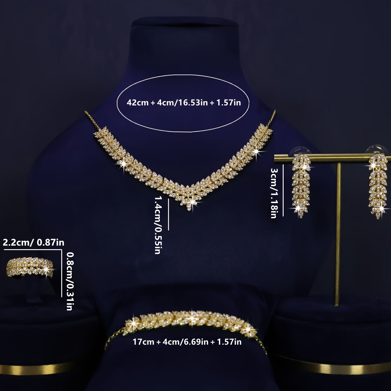 Stunning 5-piece V-Shaped Jewelry Set in Gold Plating for Women - Featuring Necklace, Earrings, Bracelet, and Ring adorned with Shimmering Zirconia - Ideal for Weddings and Special Occasions