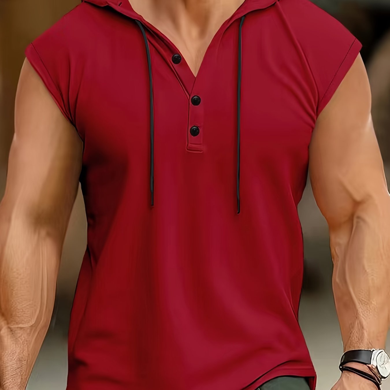 Lightweight, breathable polyester sleeveless hooded Henley shirt for men, perfect for summer casual or sporty wear. Features button detailing and is machine washable.