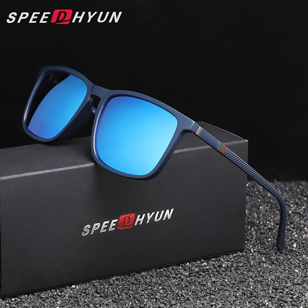 SPEEDHYUN glasses for men, featuring full rim PC frame and lens, lightweight and stylish design, ideal for parties and activities. Includes anti-fog cloth, reflective mirror coating, a