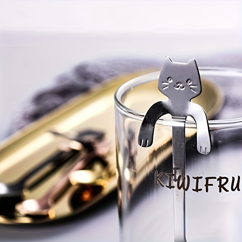 The cute Cat Coffee Spoon features a hanging stainless steel stirring spoon with a cat handle, perfect for stirring tea or coffee (Silver)