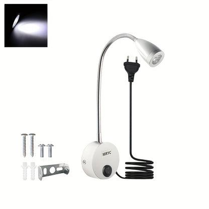 Wall-mounted reading light with flexible goose neck LED spotlight, plug and switch, suitable for bedroom, bedside, office, workbench, studio.