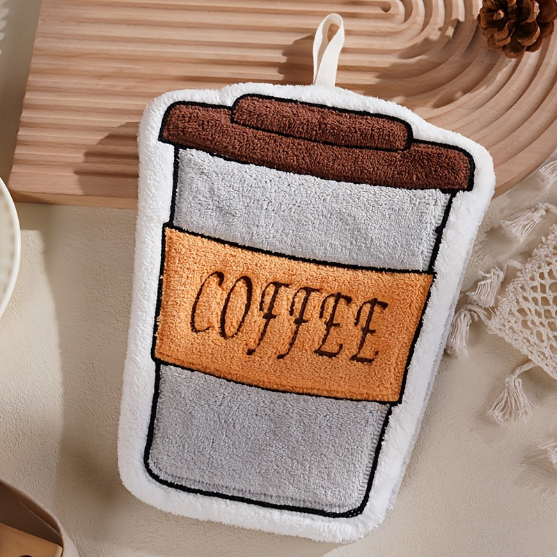 Coffee pattern hand towel made of coral velvet, quick-drying and highly absorbent, with lanyard for kitchen or bathroom use, perfect gift for any occasion.