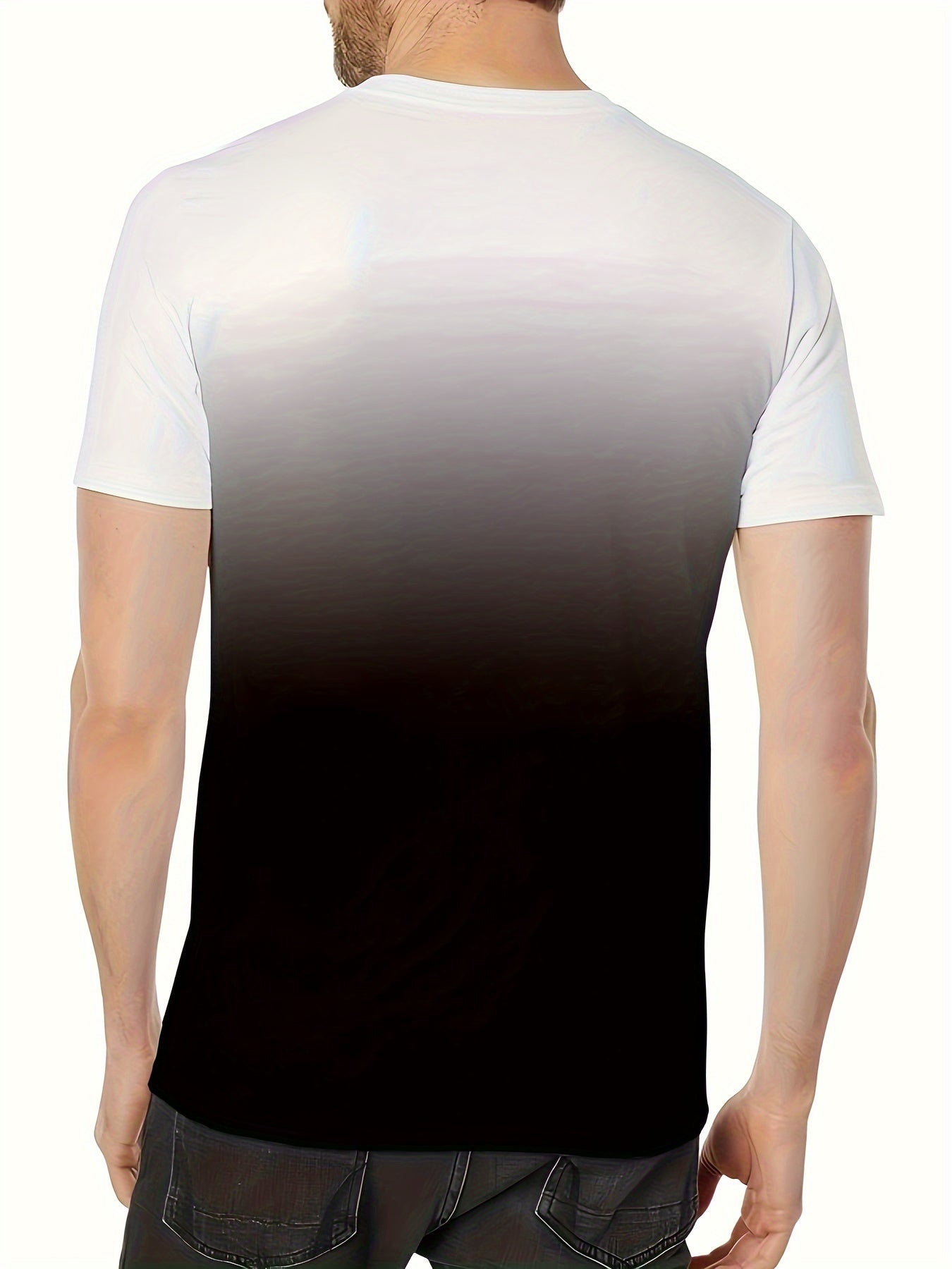 Men's crew neck t-shirt with geometric print made of soft polyester knit fabric, not transparent.