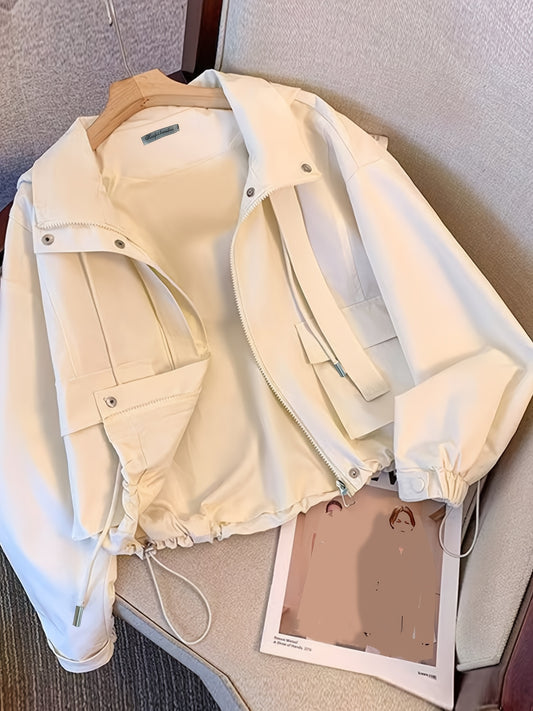 Women's casual polyester windbreaker jacket with pockets, solid color knit fabric, fashionable lightweight trench coat for Spring/Fall 2024.