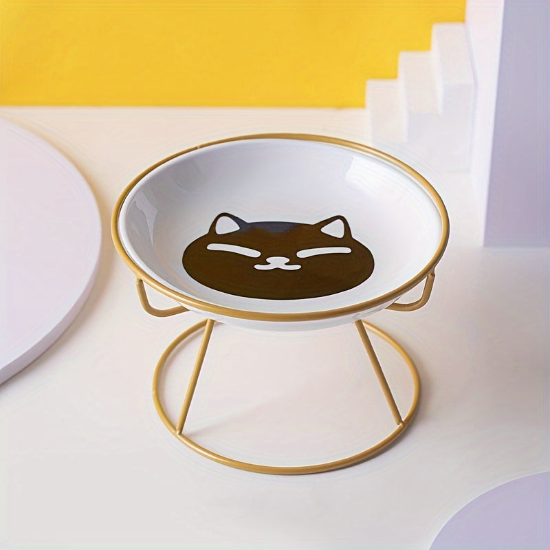 Pack of 2 includes 1pc Shelf + 1pc Bowl Ceramic Cat High Table Bowl with Cartoon Pattern. Health-conscious design suitable for pet feeding at home.