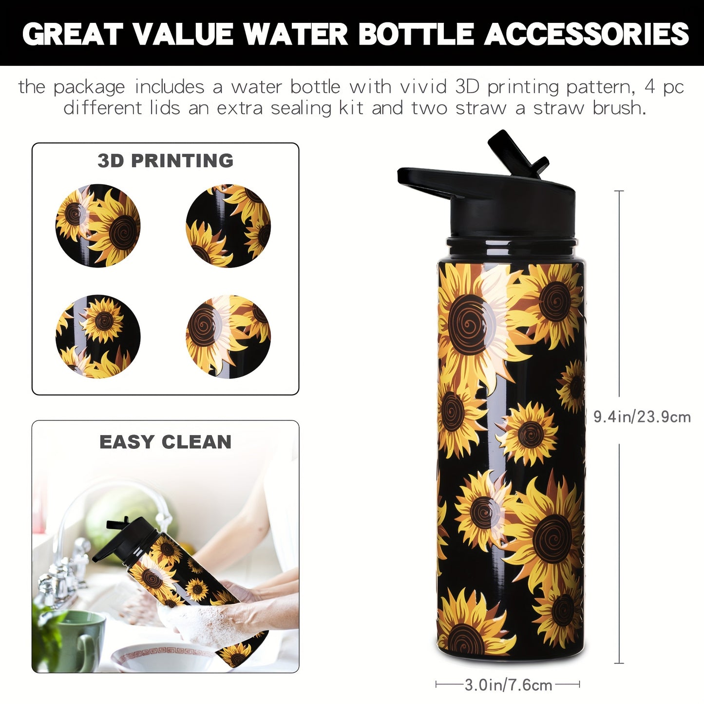 Sunflower Sports Water Bottle: 24oz stainless steel vacuum cup with 4 lids, straw, brush. Portable thermal bottle for camping, hiking, fitness. Perfect summer drinkware and travel accessory. Ideal for birthday gifts.