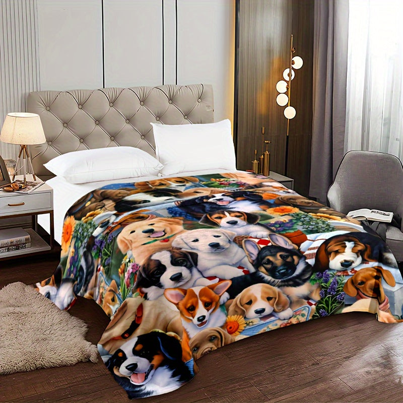 Stay stylish all year round with our Mid-Century inspired Dog Print Flannel Throw Blanket. This versatile piece is perfect for adding a touch of animal theme to your bed or sofa decor. Take it with you on your camping trips or travels for a lightweight