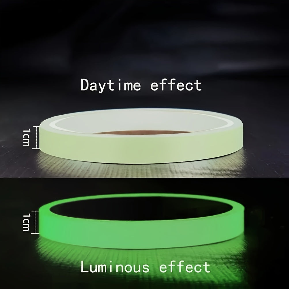 Glow-in-the-dark safety tape with self-adhesive backing, made of PVC for home decor and security alerts.