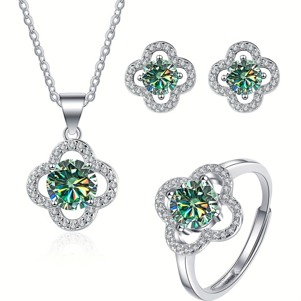 4-piece Moissanite Jewelry Set featuring 925 Sterling Silver Earrings, Necklace, and Ring in a Lucky Flower Design. Perfect for complementing daily outfits and a dainty Christmas gift for your loved one.