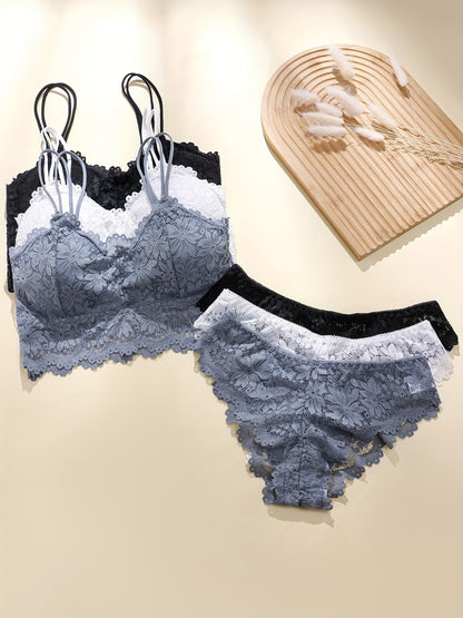 Sexy lingerie set includes cami bra and panties with solid floral lace for women.