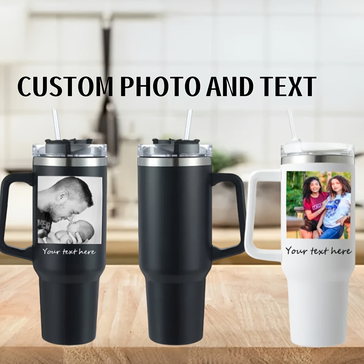 Stainless Steel Tumbler with Straw and Lid - Customizable 40oz Personalized Insulated Coffee Mug with Photo & Text, Perfect Gift for Valentine's Day, Christmas, Parents, Friends, and Lovers - No Power Required