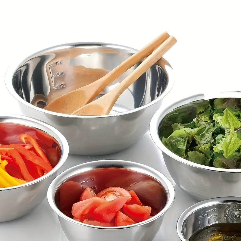 Set of 5 Stainless Steel Mixing Bowls with Built-in Scale - Perfect for Cooking, Baking, Meal Prepping, Washing Fruits, Serving Noodles, and More! Includes Essential Kitchen Accessories for Back to School Supplies.