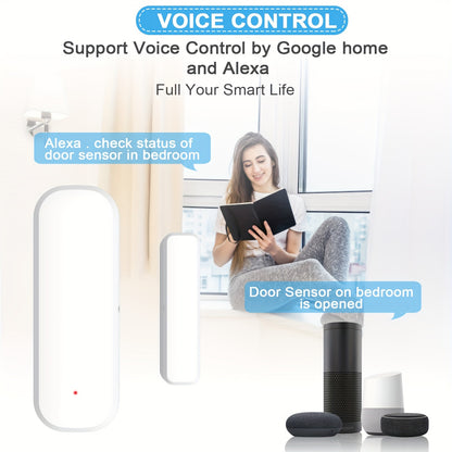 WiFi-enabled home security system with magnetic sensors for doors/windows, voice control, app remote access, customizable modes, and compatibility with Alexa and Google Assistant.