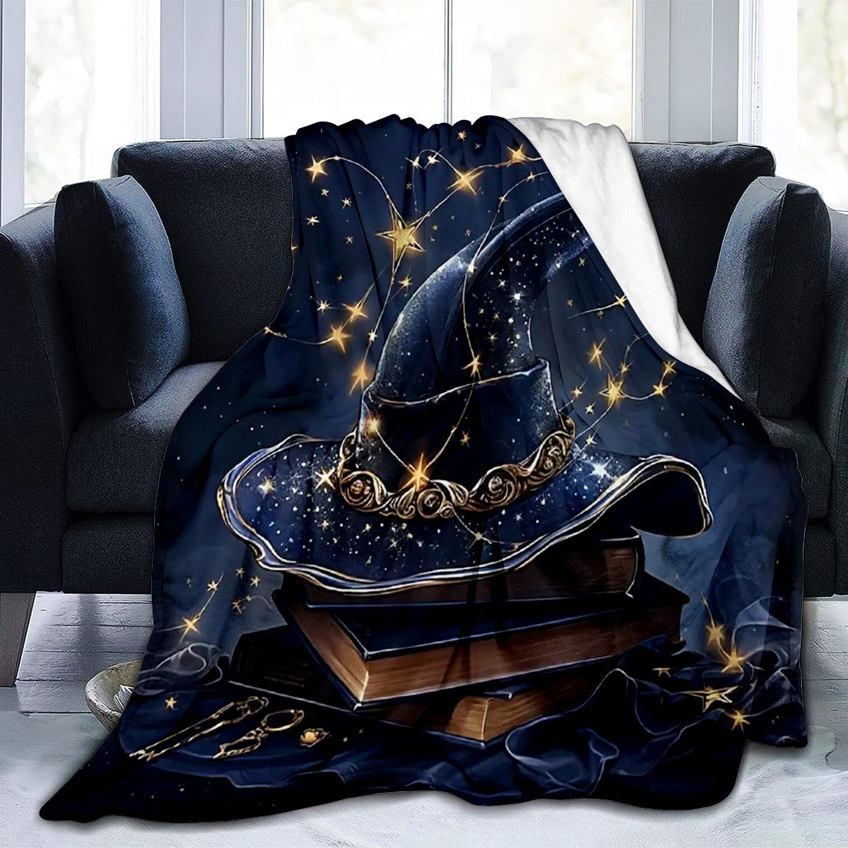 Get in the Halloween spirit with our 1 piece large book and witch hat design printed throw blanket. Made of soft flannel fleece, it is perfect for using on your sofa, bed, or while traveling or camping. This blanket is also great for adding a cozy touch