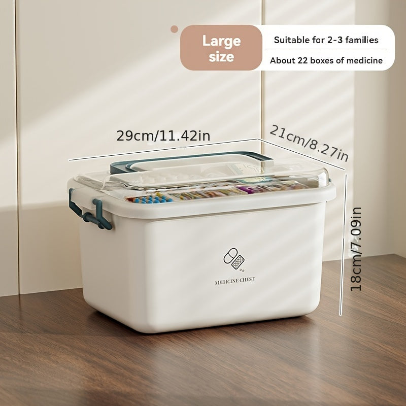 Waterproof multi-layer medicine storage box for home and travel, durable plastic organizer.