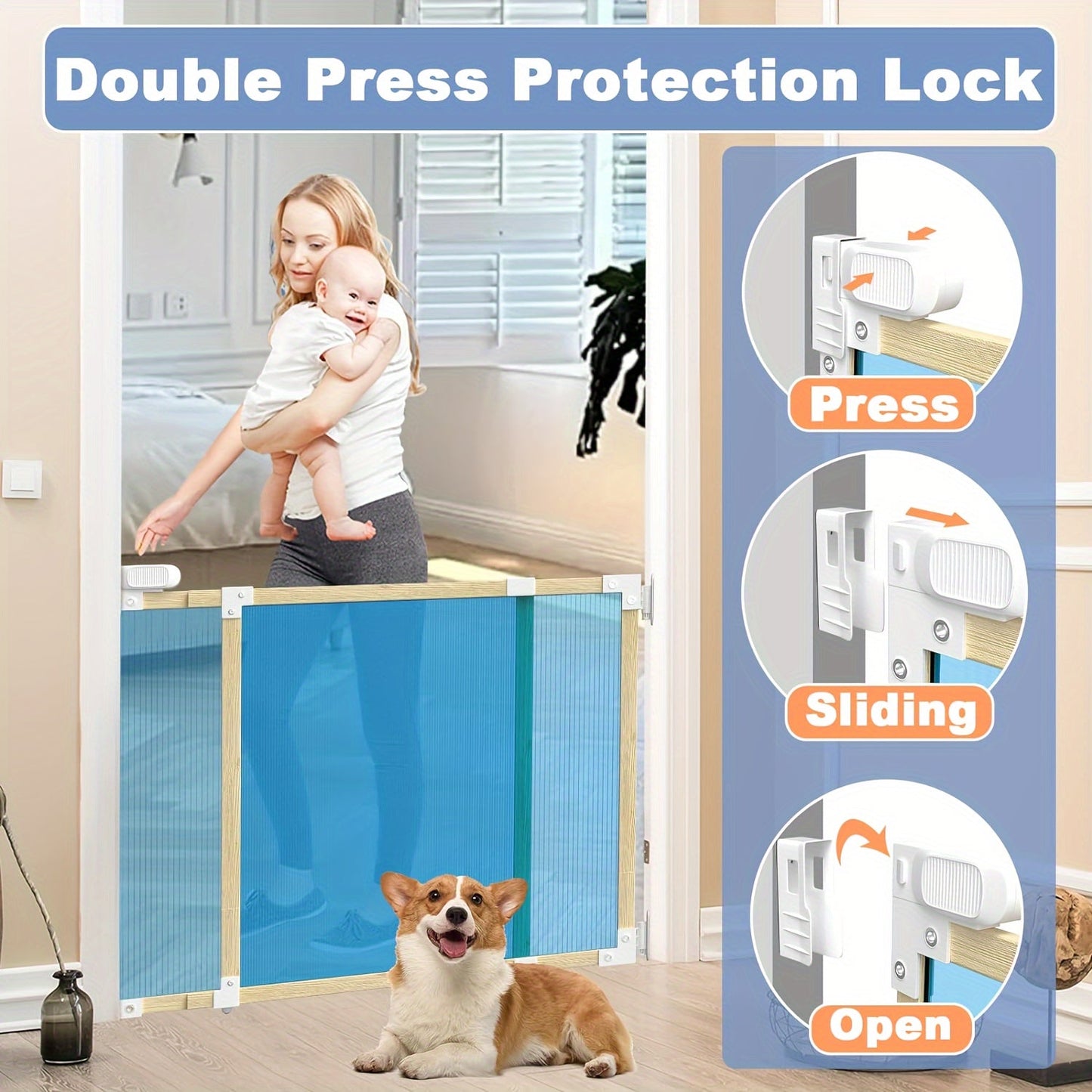 The TWO DADS Baby Gate is an expandable safety barrier for indoor use, suitable for staircases, doorways, and hallways. This puppy gate requires no assembly and can be easily installed with adhesive. It features a plastic hinge material and a sturdy