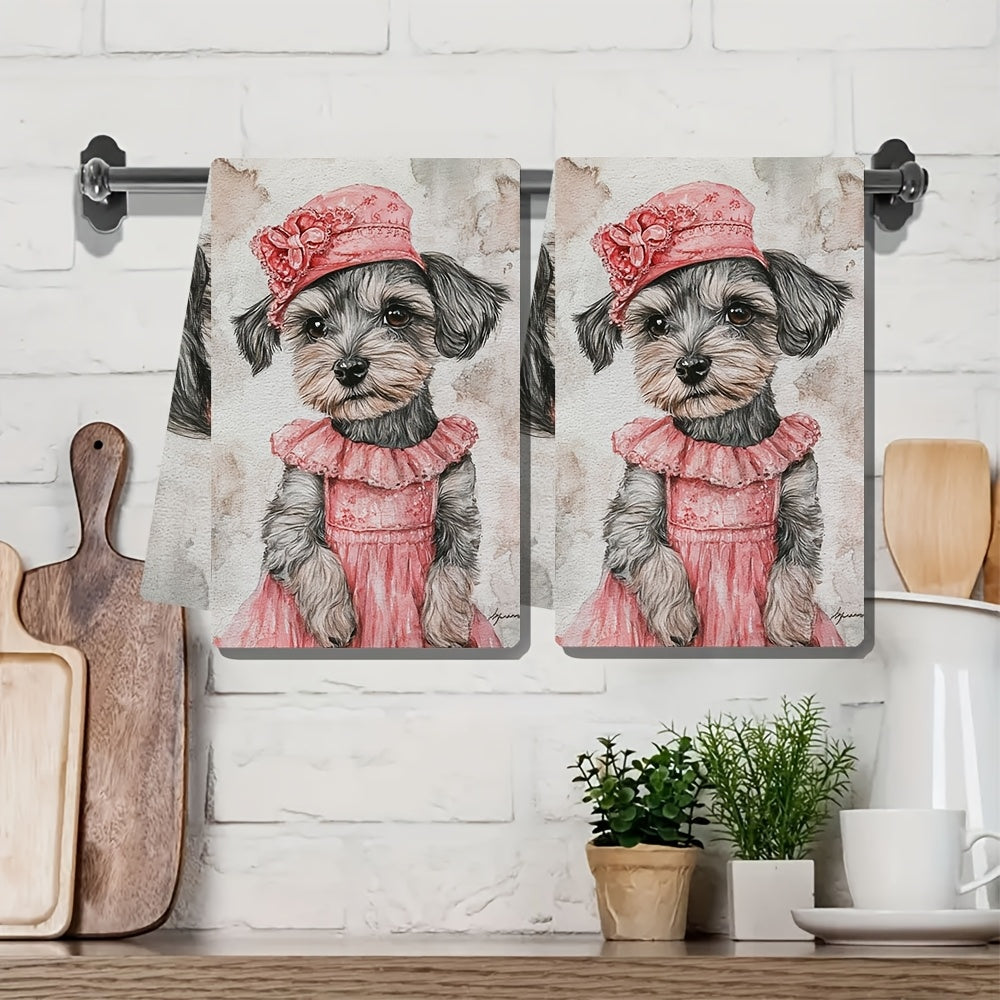 This set includes 2 ultra-soft kitchen towels with a cute Schnauzer puppy dressed up for Valentine's Day. The highly absorbent dish towels are great for holiday décor, machine washable, and measure 40.64x60.96 cm.