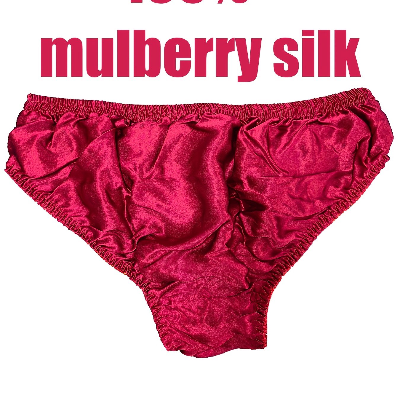 Men's Mulberry Silky Briefs are soft, breathable, non-see-through red underwear with an elastic waistband and ruffled edges. Hand wash only.