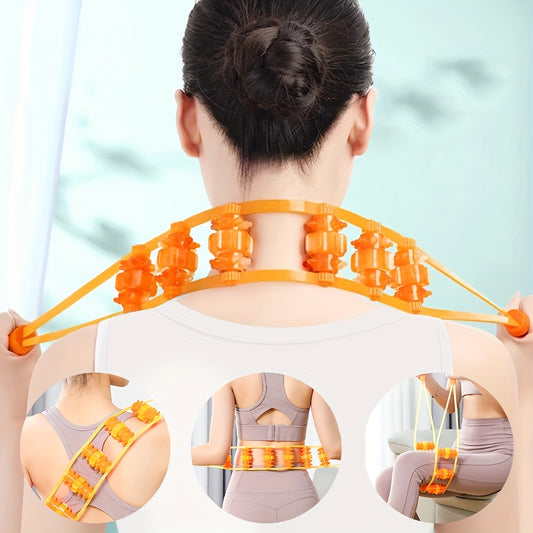 Portable back massage roller rope for travel, office, sports, and home use. Durable plastic with adjustable straps and textured rollers for neck and back massages.