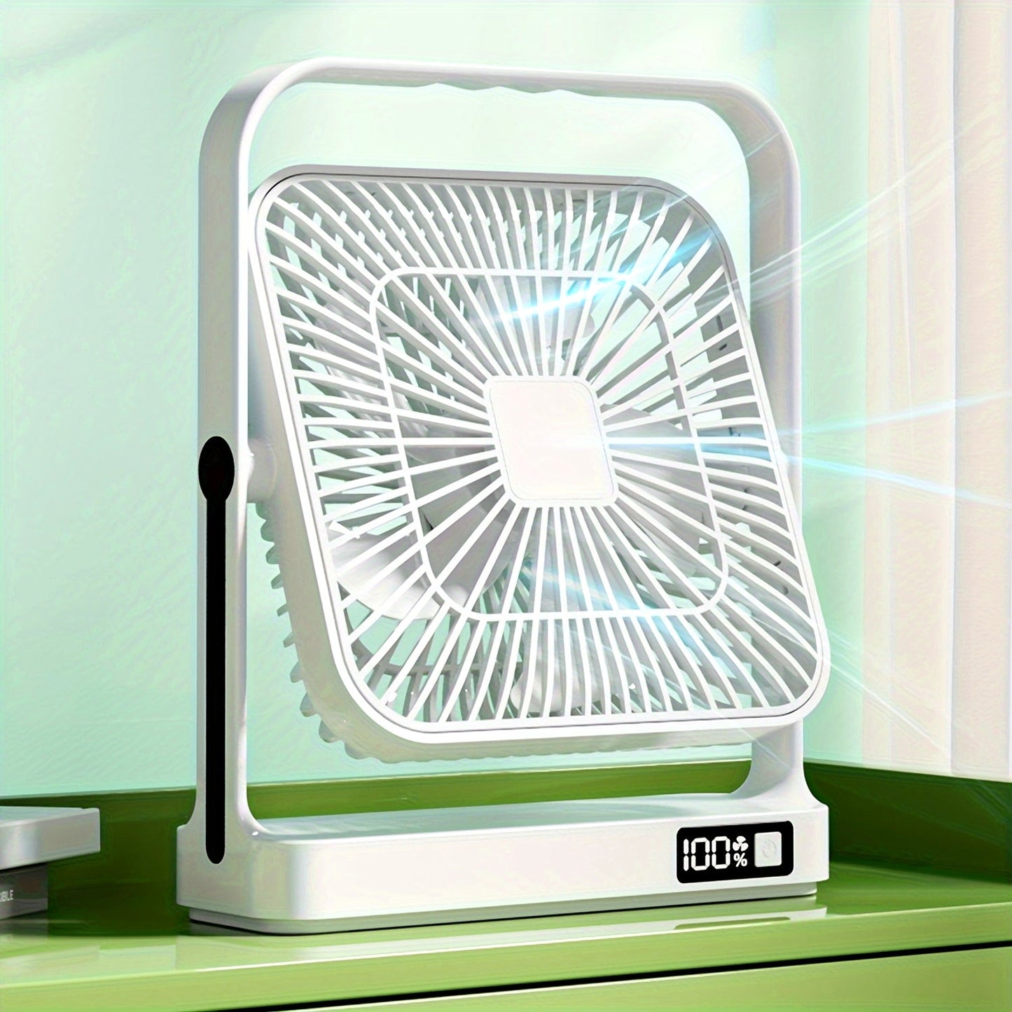 Introducing the Goard 8-inch Portable High-Velocity Table Fan with Digital Display and 5-Speed Button Control. This fan features a 360° rotating design and is USB rechargeable, making it perfect for travel, office, or home use. Made with ABS material and