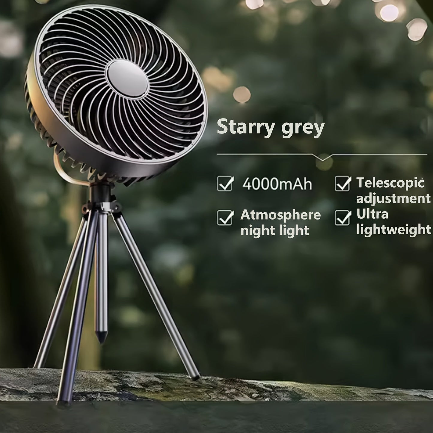 Portable tripod stand fan with LED light, 4000mAh battery, 4 wind speeds, 2 light settings, telescopic adjustment, lightweight design for use at home, camping, and outdoors. Made of ABS material, perfect household gadget and great for gifting on