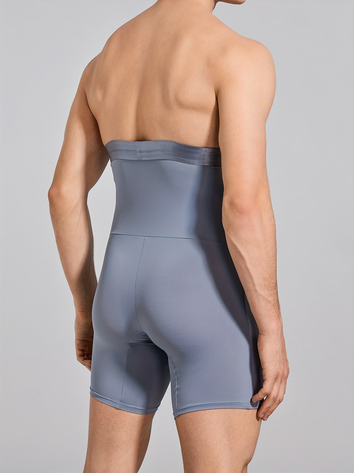 Men's high waist tummy control shorts for slimming in grey color, with body shaping and leg underwear features.