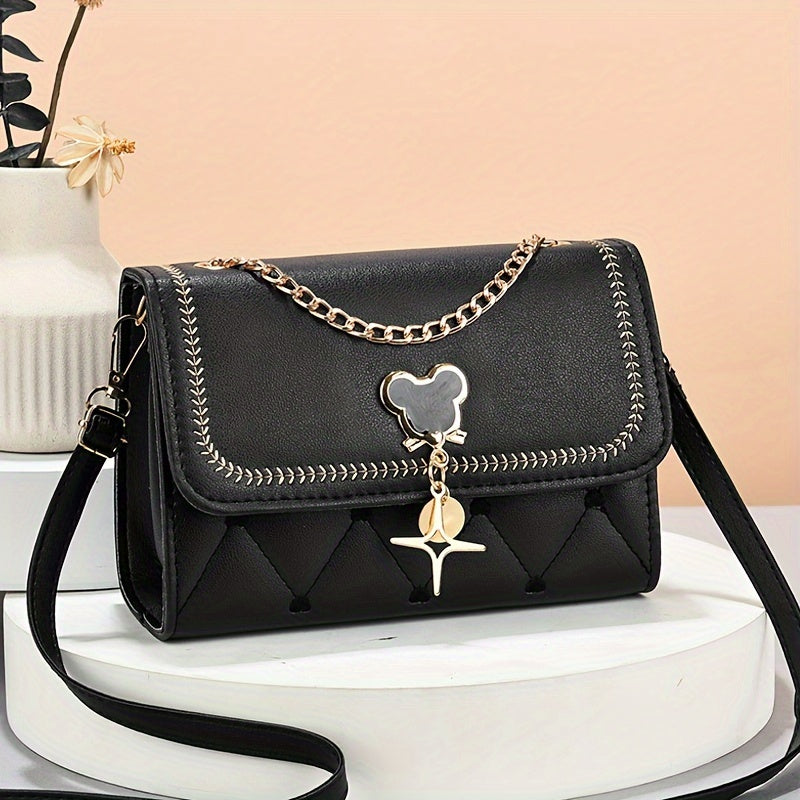 Women's Embroidered Fashion Crossbody Bag with Chain Decor.