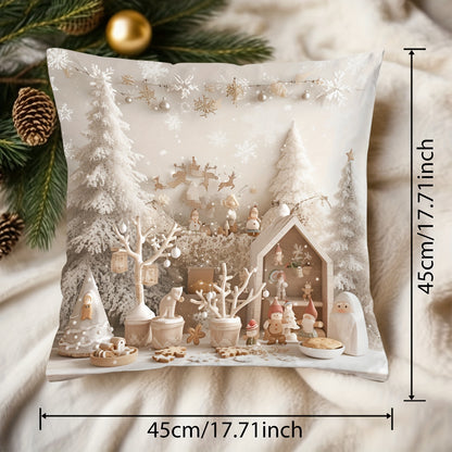 Contemporary style 1pc throw pillow cover with snowy trees and festive snowmen pattern, made of 100% polyester woven fabric. Digital print on single-sided, with zip closure. Hand wash only. Versatile room decor, 43.18x43.18 cm. (Insert not included)